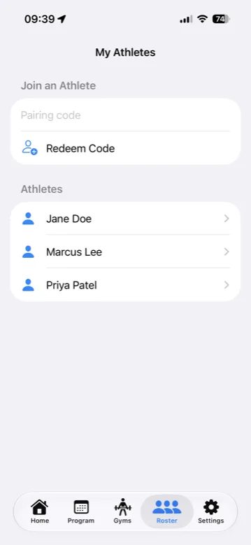 Coach athlete roster on mobile app